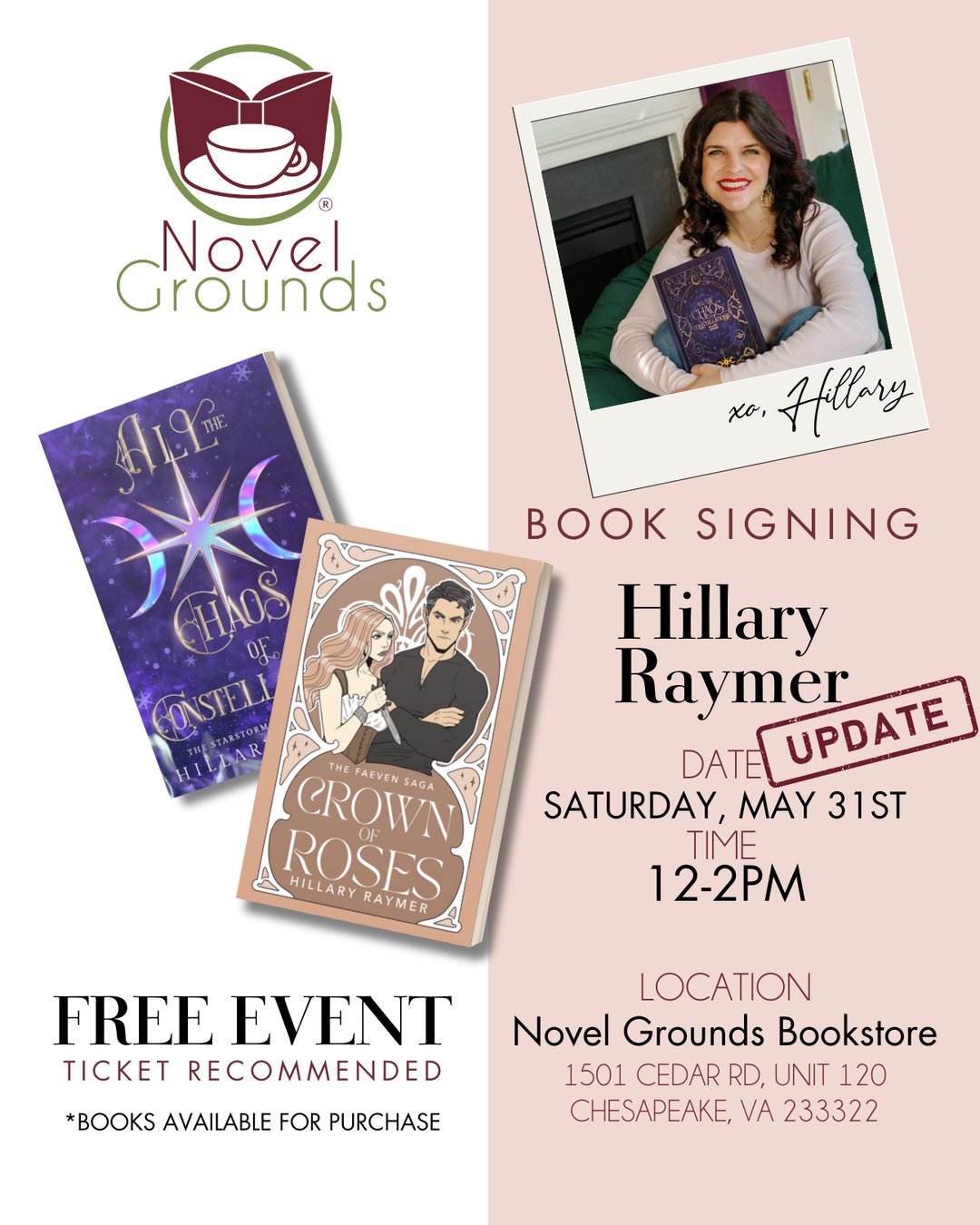 Hillary Raymer Signing Event Ticket - May 31st, 2025