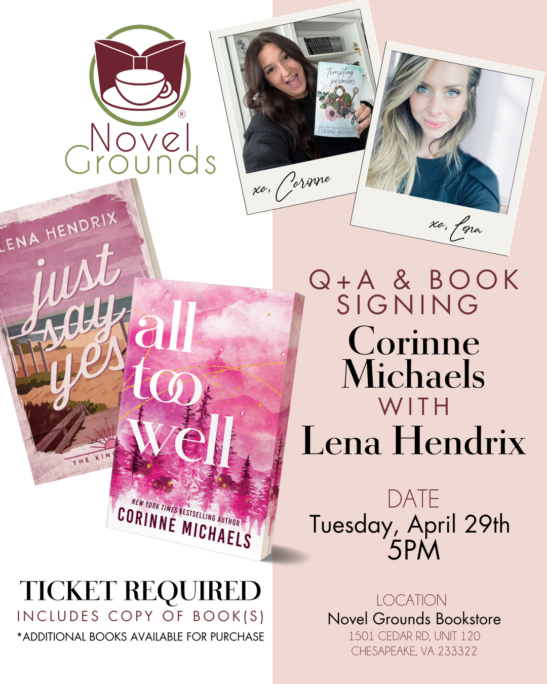 Corinne Michaels + Lena Hendrix Signing and Q&A Event Ticket: April 29th, 5pm