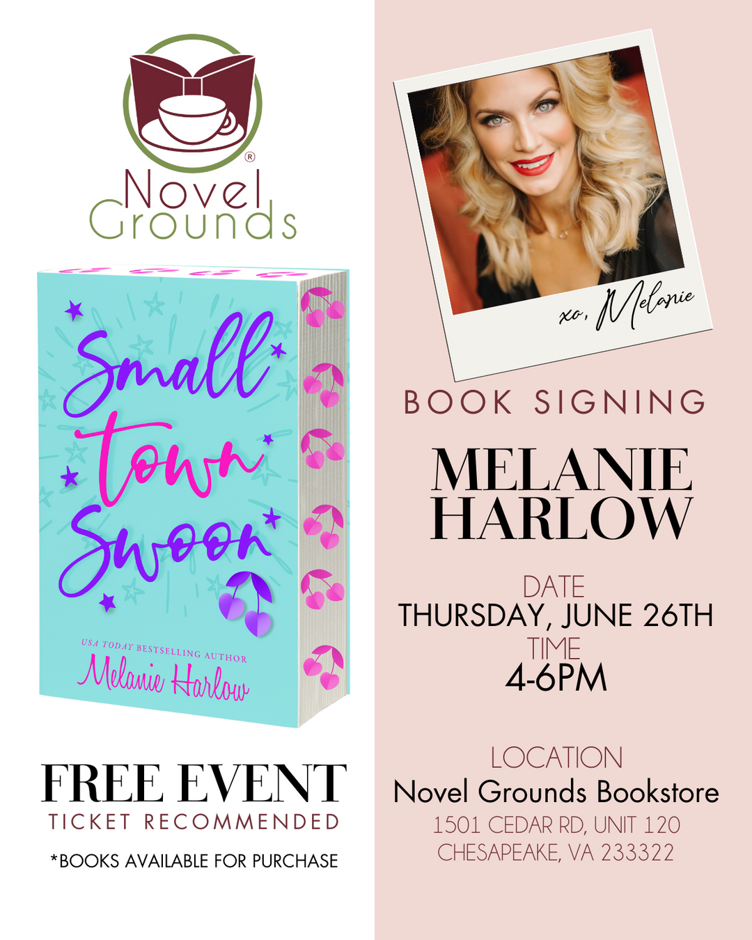 Melanie Harlow Signing Event Ticket - June 26th