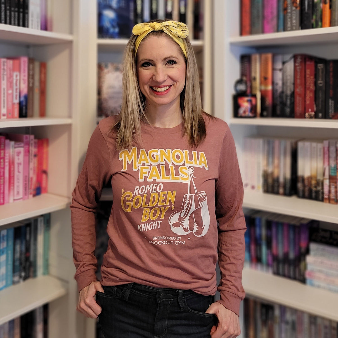 a woman standing in front of a book shelf