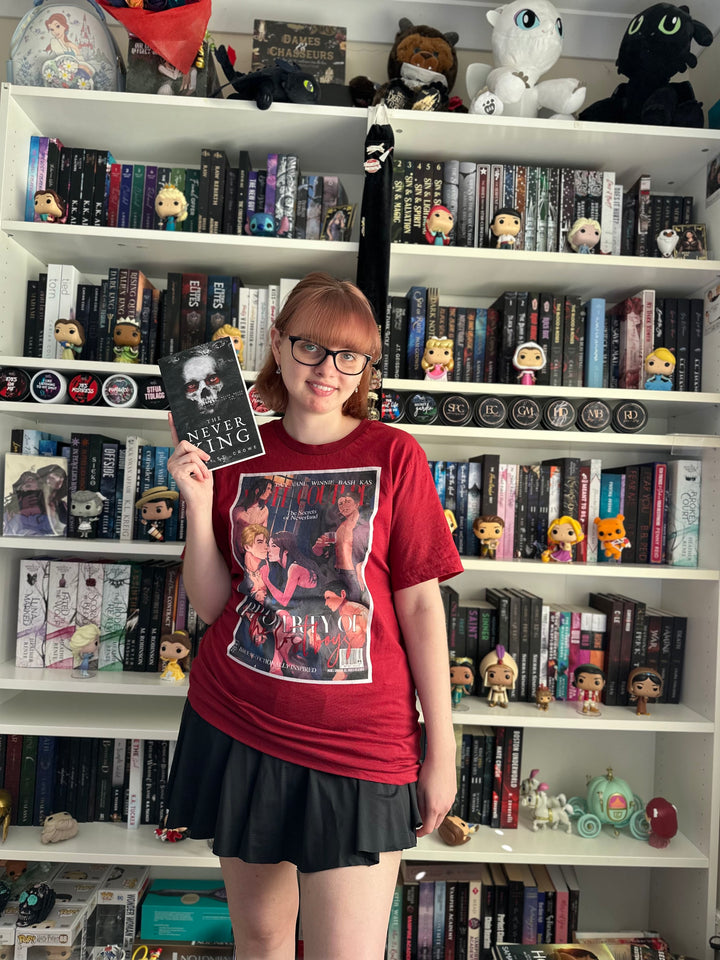 a woman standing in front of a book shelf