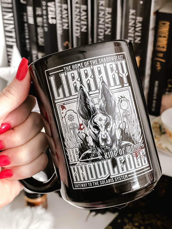Jaymin Eve- The Library Of Knowledge Black Glossy Mug - Novel Grounds